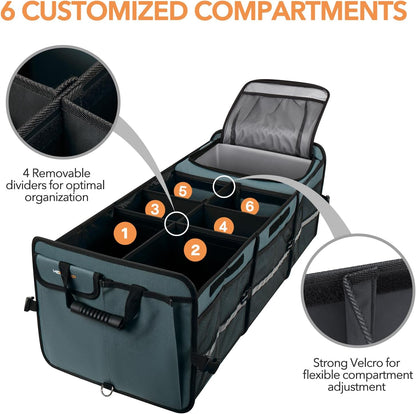 HEYTRIP Large Trunk Organizer With Built-in Leakproof Cooler Bag, 2 Tie-Down Straps, 4 Removable Dividers, Foldable Cover, Built with 2mm PE Board