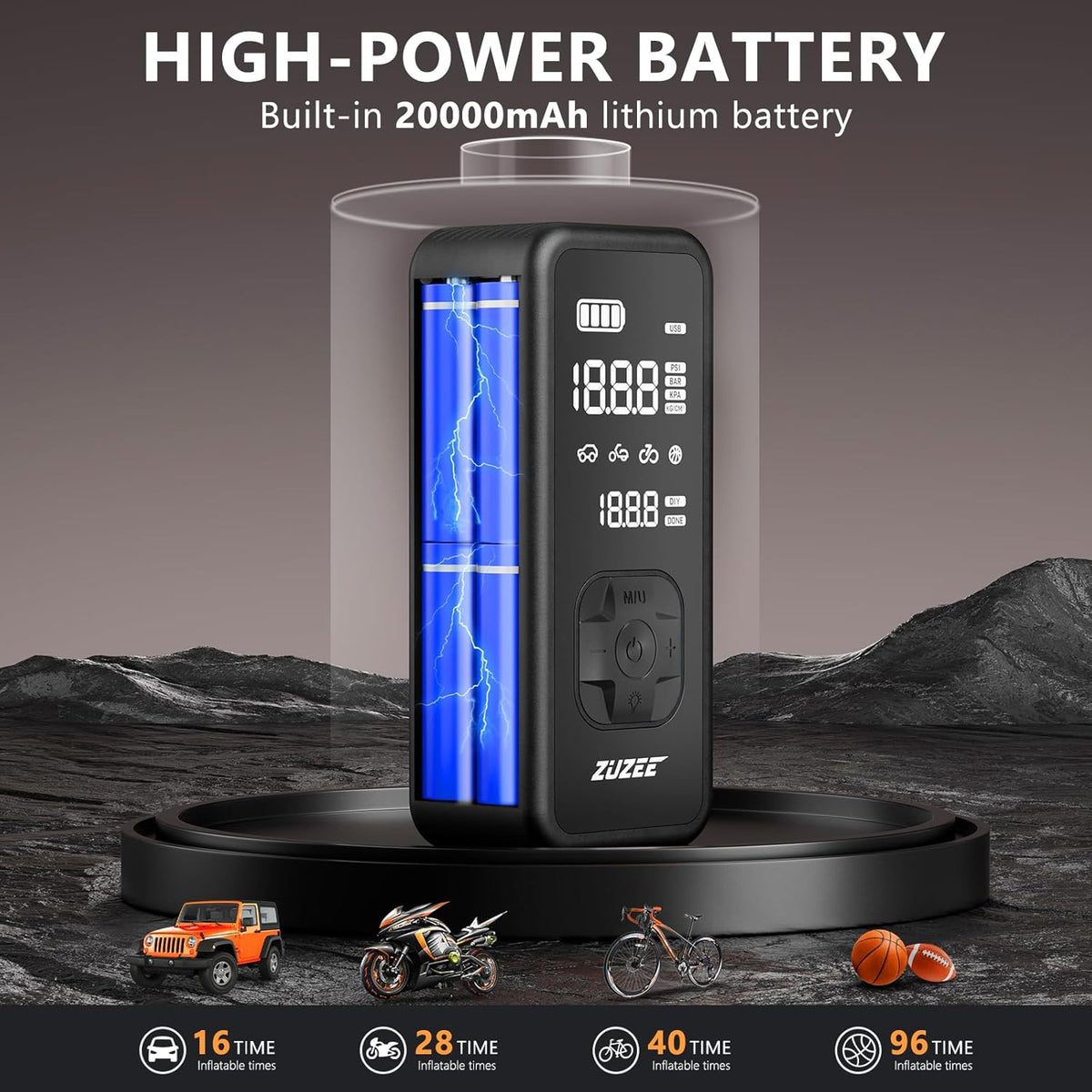 ZUZEE Tire Inflator Portable Air Compressor - 4X Faster Inflation, 150PSI Air Pump for Car Tires with Digital Pressure Gauge/LED Light, Portable Tire Inflator for Car, Moto, Bike, Ball, etc