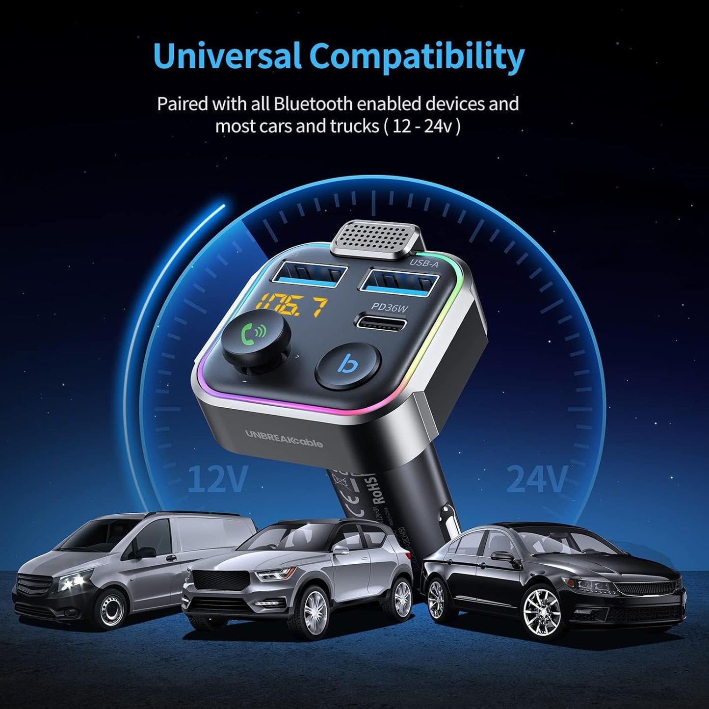 UNBREAKcable Bluetooth 5.3 FM Transmitter for Car, [PD 20W + QC 3.0] [Stronger Microphone & HiFi Bass Sound] Cigarette Lighter Radio Music Adapter Charger, Supports Hands-Free Siri Google Assistant