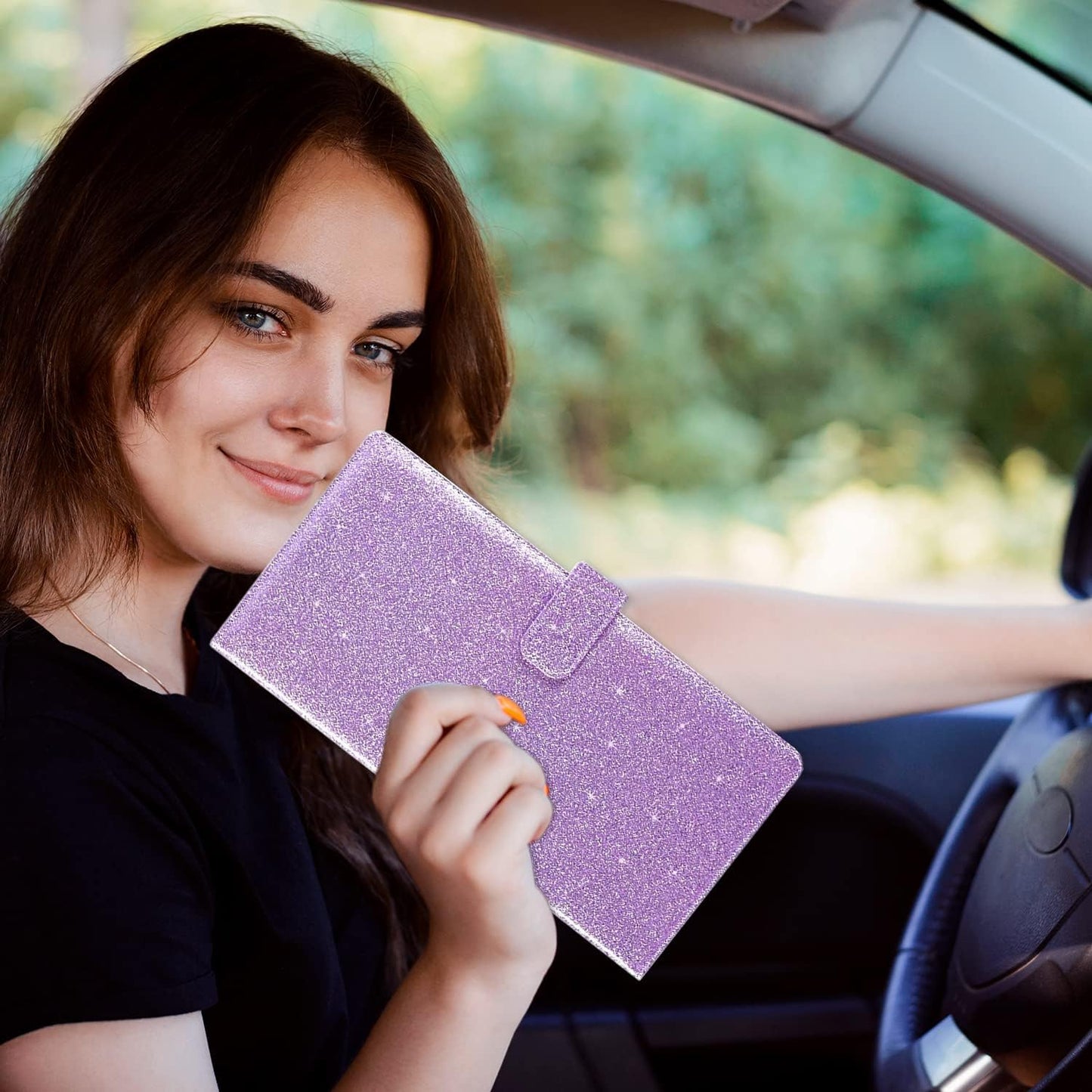 RSAquar Car Registration and Insurance Holder, Vehicle Glove Box Organizer Cool Car Accessories, Auto Truck Document Holder for Cards, Driver License, Black Glitter