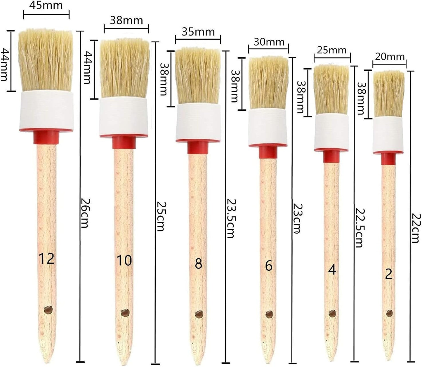Nurkul 11Pcs Auto Detailing Set, Boar Hair Brushes, Steel Wire & A/C Brushes, Red, Soft Bristles, Wood Handles for Cleaning Interior, Exterior, Leather, 6 Sizes