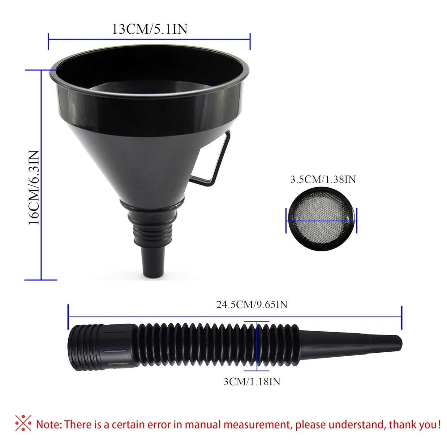 Flex Funnel - Wide Mouth Flexible Funnel with Handle, Automotive Funnels for Engine Oil, Liquid, Diesel, Kerosene,Gasoline (1PACK Black FUNNELS)