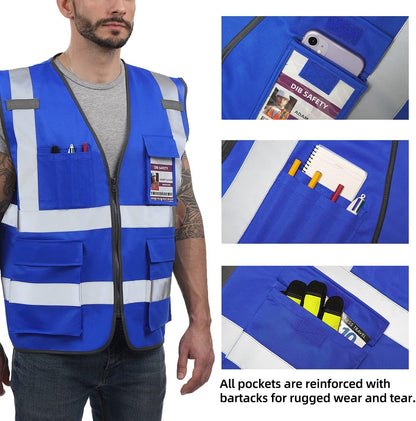 Dib Safety Reflective Safety Vest for Men Women, High Visibility Vest with Pockets and Zipper, ANSI Class 2