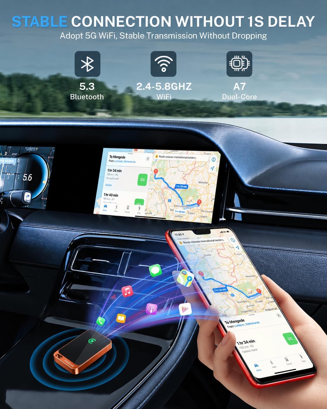 Jemluse Wireless CarPlay Adapter for Apple iPhone - Multi-User Seamless Connection for Convert Wired to Wireless Car Play Adapter - No Latency from iOS 10+ to Screen w/USB C (Gray)