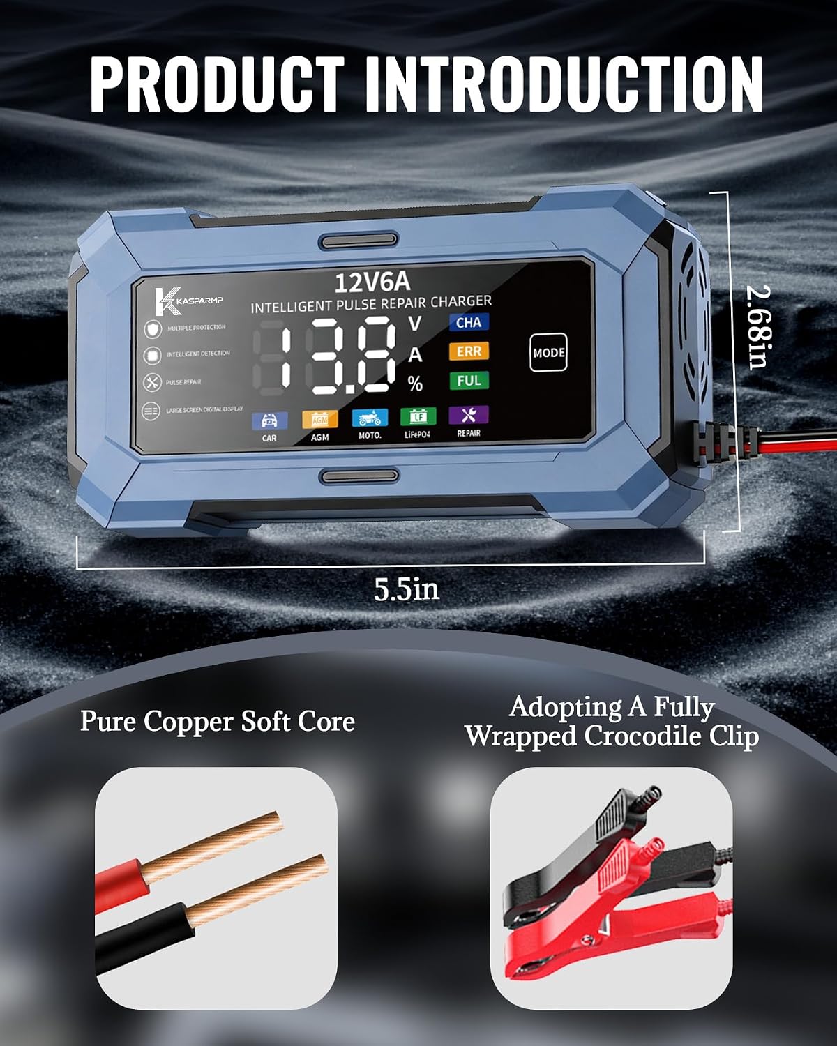 Car Battery Charger and Automatic Trickle Charger Battery Maintainer with Intelligent Pulse Repair Digital Display trickle Charger for car Battery 12v 6A for AGM LiFePO4 Motorcycle Batteries