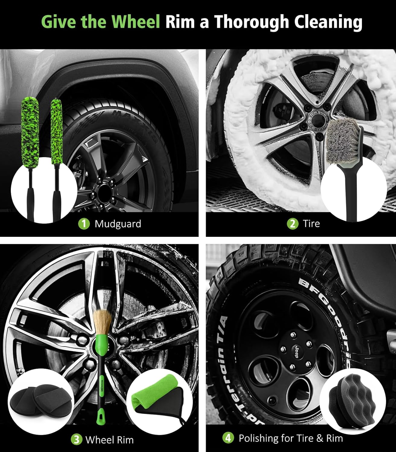 YeewayVeh 3PCS Quick Car Wheel Brush Kit, 2-Size 360° Bendale Rim Cleaner Brushes, Boars Hair Detailing Brush, Fast Scratch-Free Cleaning for Car Wheels, Motorcycle, Green