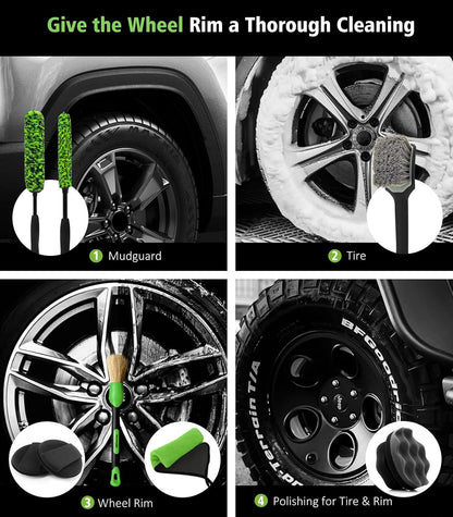 YeewayVeh 3PCS Quick Car Wheel Brush Kit, 2-Size 360° Bendale Rim Cleaner Brushes, Boars Hair Detailing Brush, Fast Scratch-Free Cleaning for Car Wheels, Motorcycle, Green