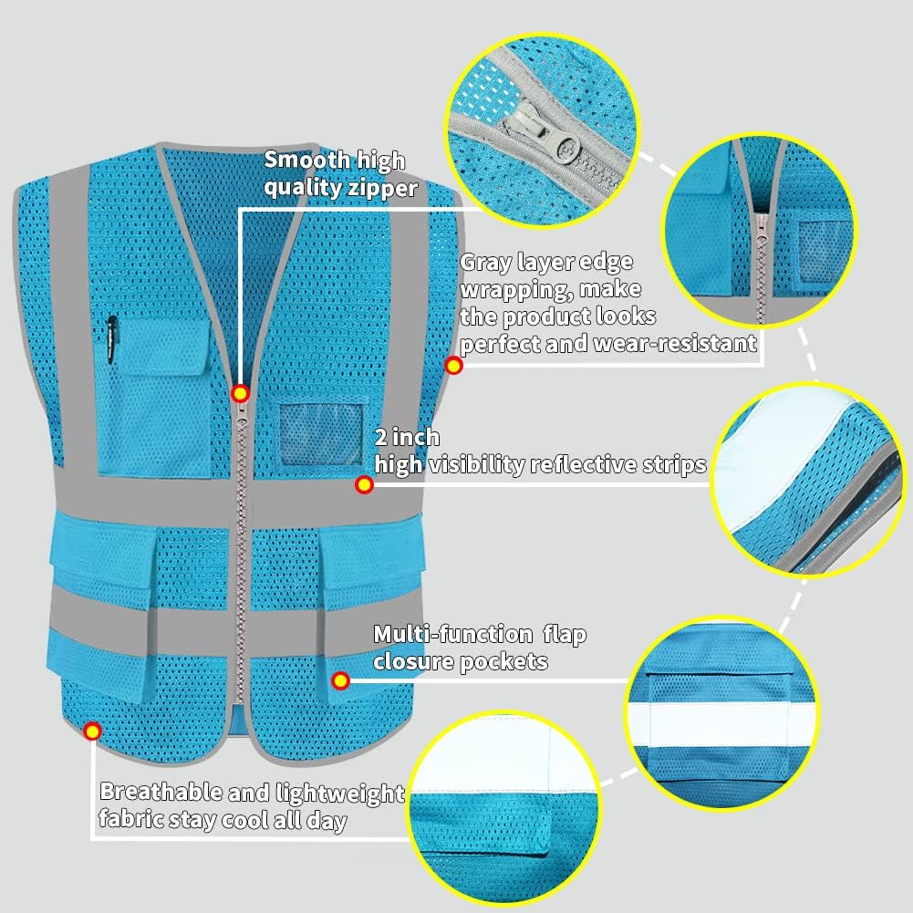 HYCOPROT High Visibility Mesh Safety Reflective Vest with Pockets and Zipper, Meets ANSI/ISEA Standards