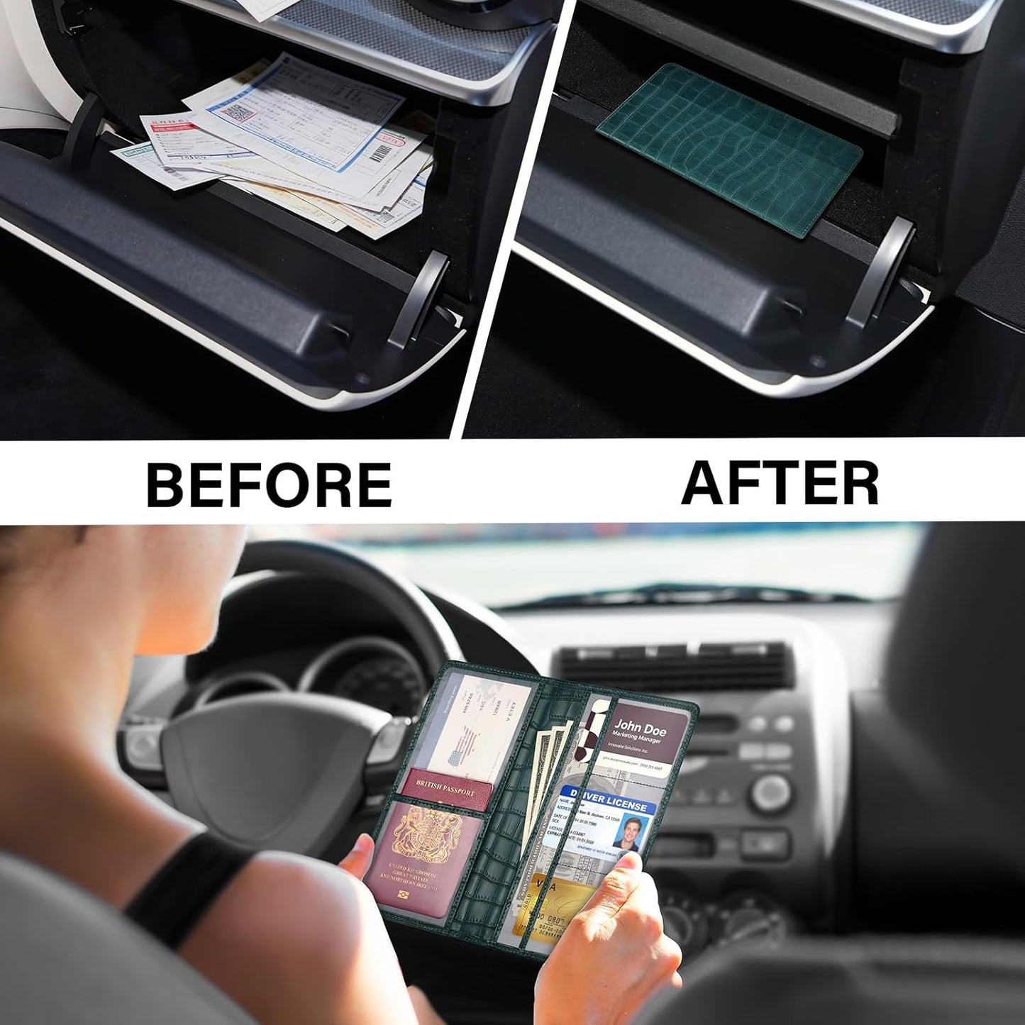 Car Registration and Insurance Holder, Black Vehicle Glove Box Car Organizer with Magnetic Closure for Documents, Cards, License Car Organization, 1 Pack