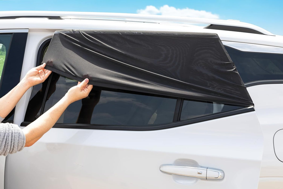 Nuby 14" Roller Vehicle Side Window Sun Protection Shade for Baby | 2 Pack | Pull Down with Suction Cups and Press Button Roll Up | Black