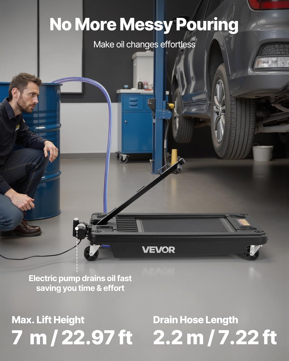 VEVOR Low Profile Oil Drain Pan, 17 Gal Capacity, Rolling Oil Drain Pan with 110V High-Flow Electric Pump, 7.2 ft Hose & T Folding Handle, Leak-proof & Corrosion-resistant, Fit for Trucks, ATVs, Black