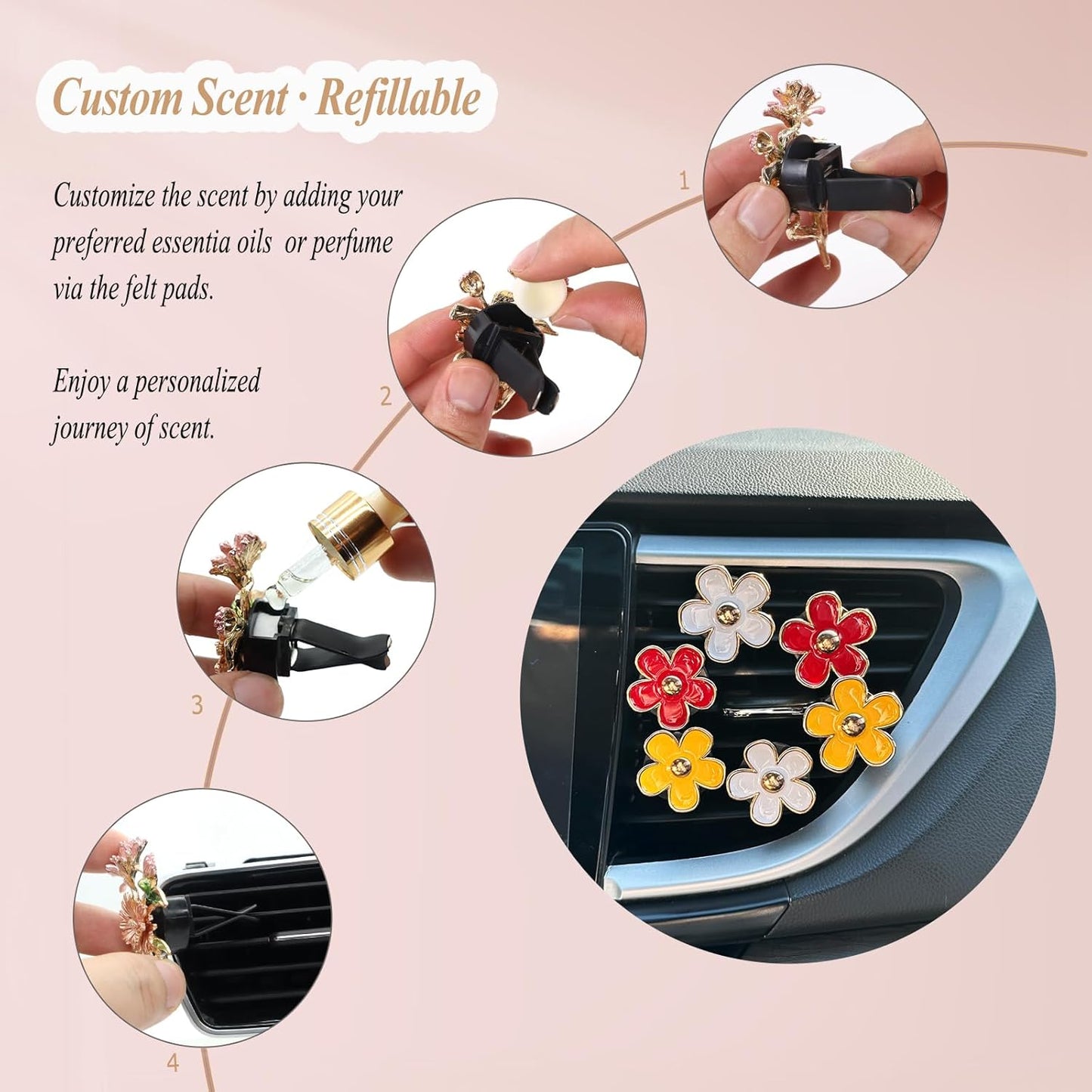ORIESSE 6pcs Flowers Car Air Freshener Vent Clips Purple White Daisy Air Vent Clip Car Accessories for Women 3.3cm/3cm Flower Vehicle Interior Decor Refillable Diffuser