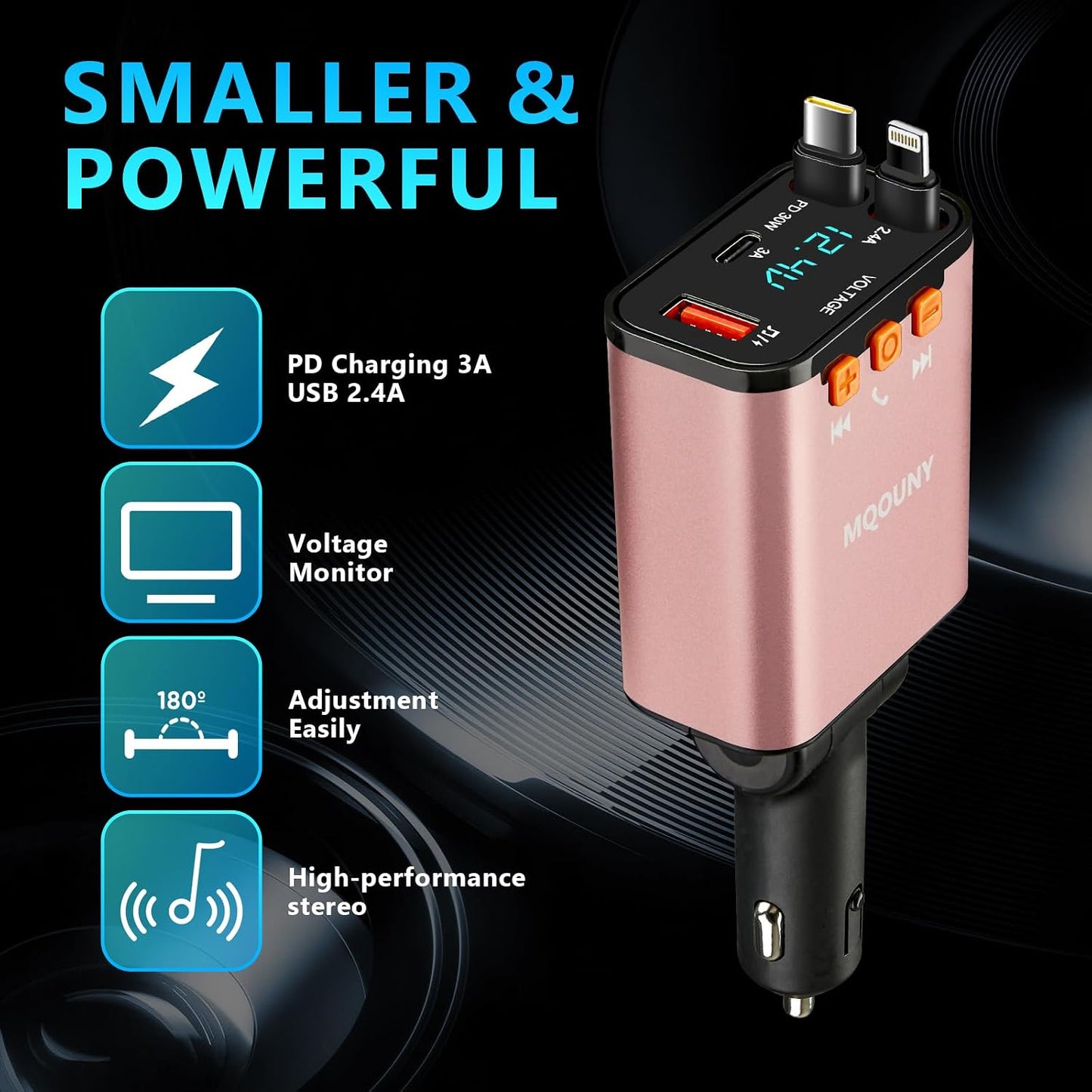 Retractable Car Charger,5 in 1 Fast Cars Phone Charger 60w,Bluetooth 5.3 FM Transmitter Adapter,Handsfree Call,MP3 Player,2 Retractable Cables and USB Chargers, for Phone,Galaxy,Pixel (Black)