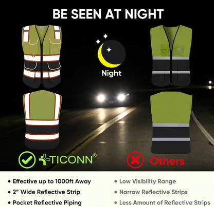 TICONN Reflective Safety Vest High Visibility Class II Mesh Vest for Women & Men Meets ANSI Standards