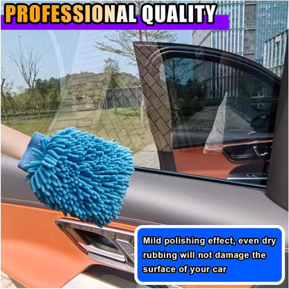 JOYCOURT 2PCS Microfiber Soft Chenille Car Wash Mitts, Scratch and Lint Free Car Dusting Glove, Double Sided Wash Mitt, Ultra Absorbent for Car Washing, Home Cleaning Mitt (Blue&Yellow)