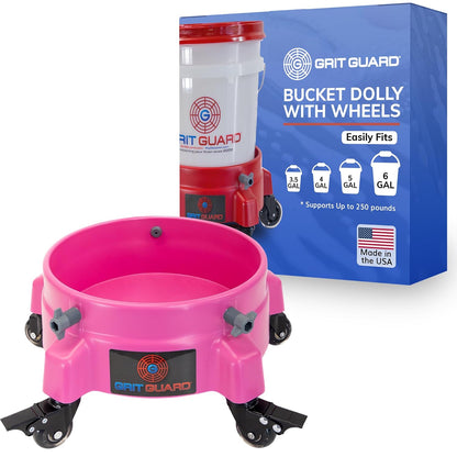 GRIT GUARD Bucket Dolly with Wheels - Rolling Detailing Wash Bucket with 5 Wheels and 2 Locking Casters Compatible with 2.5, 4, 5 and 6 Gallon Buckets (Red, 2" Roller Bearing) - Made in the USA