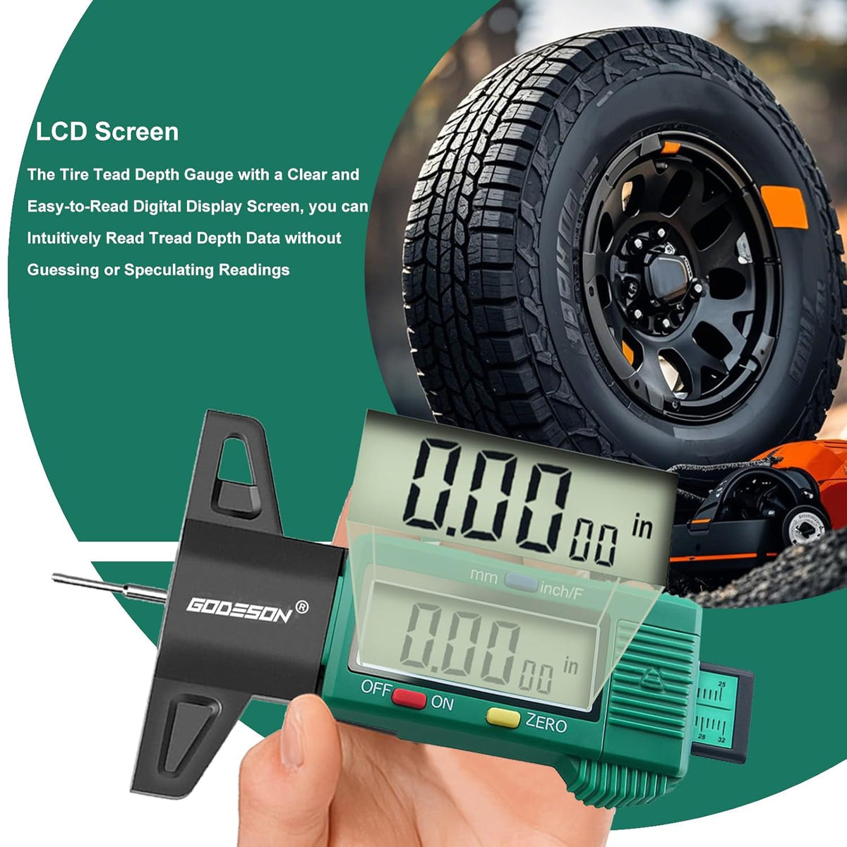 GODESON Tire Tread Depth Gauge, Digital Tire Tread Depth Gauge with 3 Modes-Fractional Inch, Decimal Inch and Millimeter, Tire Depth Gauge for Motorcycles, Cars, SUV, Easy to Read Tread Depth Gauge