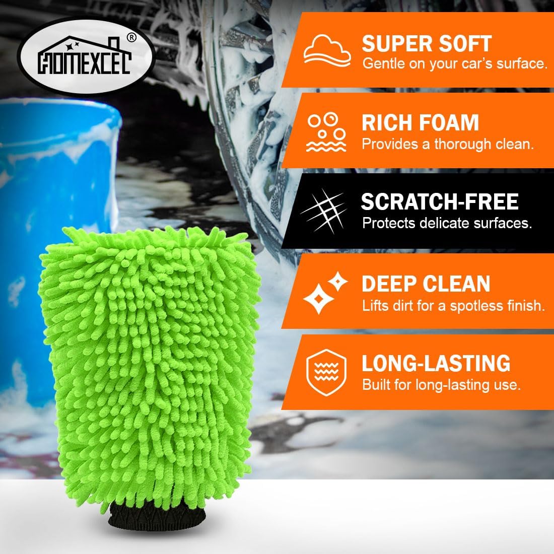HOMEXCEL Car Wash Mitt, 2PK Chenille Microfiber Wash Mitt, Scratch-Free & Lint-Free, Rich Foam, Highly Absorbent, Double Sided, Perfect for Car Washing and Detailing, 10.2" x 6.7 ", Blue