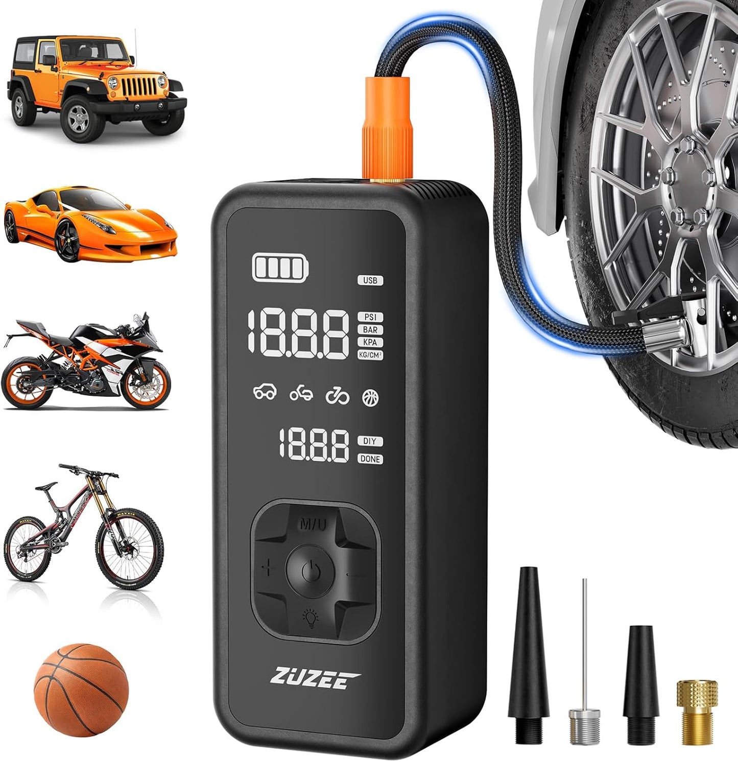 ZUZEE Tire Inflator Portable Air Compressor - 4X Faster Inflation, 150PSI Air Pump for Car Tires with Digital Pressure Gauge/LED Light, Portable Tire Inflator for Car, Moto, Bike, Ball, etc