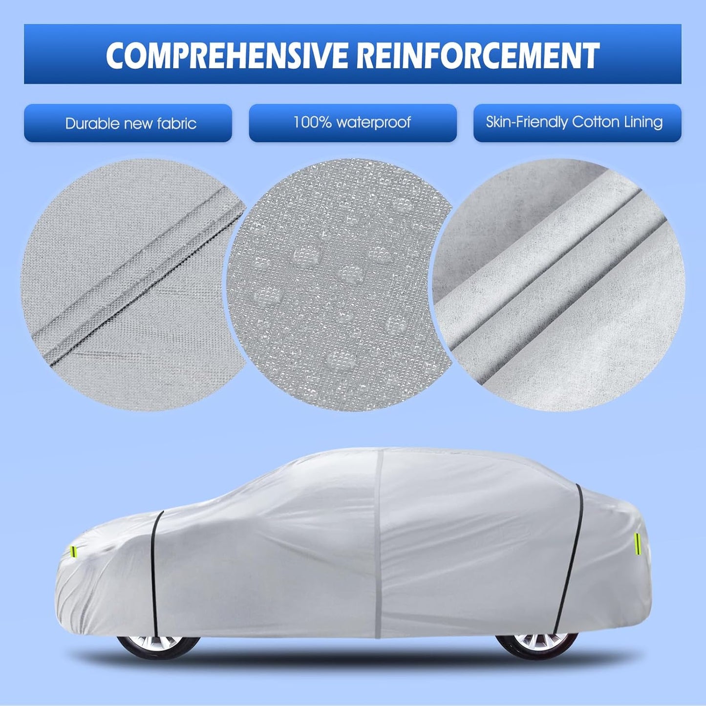 6 Layers Car Cover Waterproof All Weather for Automobiles, Size A3 with Zipper Cotton Fit for Toyota Camry, Honda Accord, Ford Mustang, Chevy Camaro/Malibu,Kia Optima/K5 (187-198 inch)