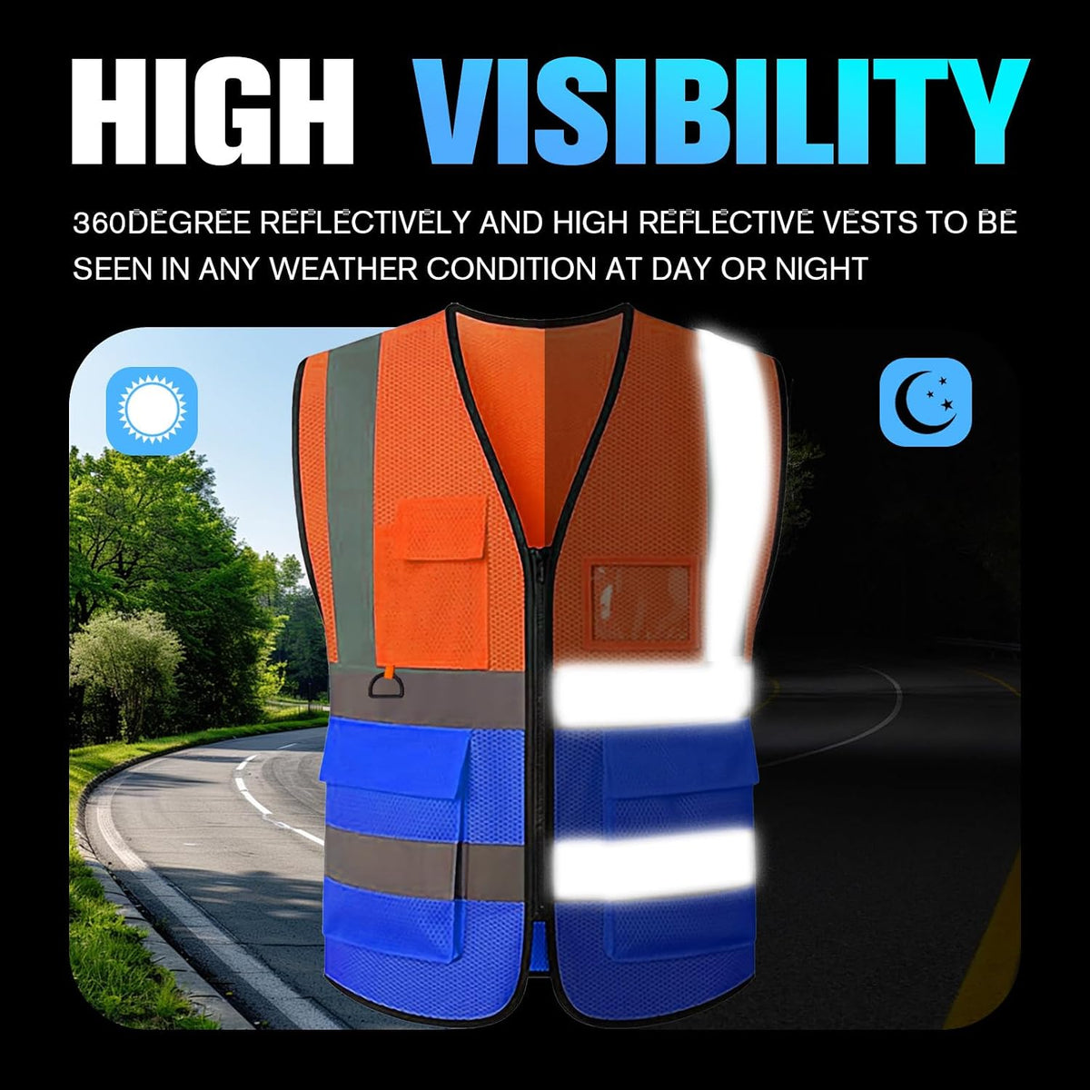 Reflective Mesh Safety Vest, Breathable Hi Vis Vest Construction Work with 5 Pockets and Zipper for Men Women