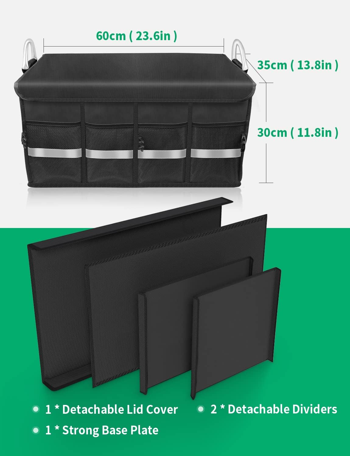 Oasser Car Trunk Organizer, 3 Compartments Collapsible Waterproof Car Organizer Storage with Foldable Cover, Reflective Strip, Non-Slip Bottom, 4 Mesh Pockets for SUV/Truck/Sedan/Camping/Road Trip