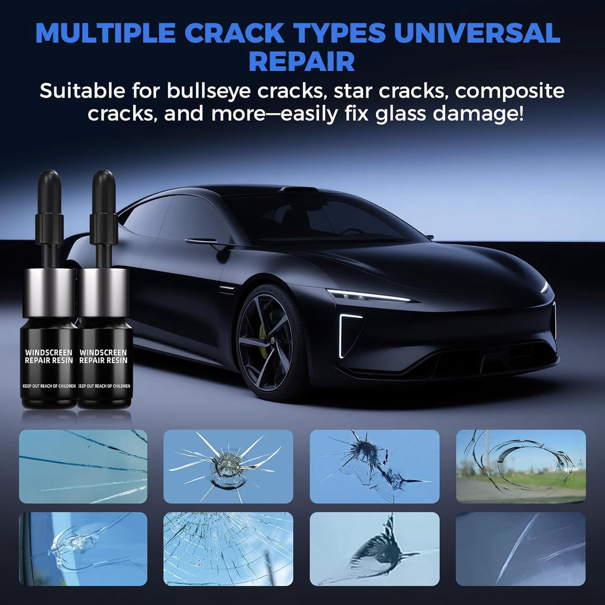 Windshield Repair Kit, Car Windshield Chip Repair Kit, Nano Glass Crack Repair, Auto Glass Crack Chip Quick Fix Tools, Bulls-Eye and Star-Shaped Crack-2 Bottles