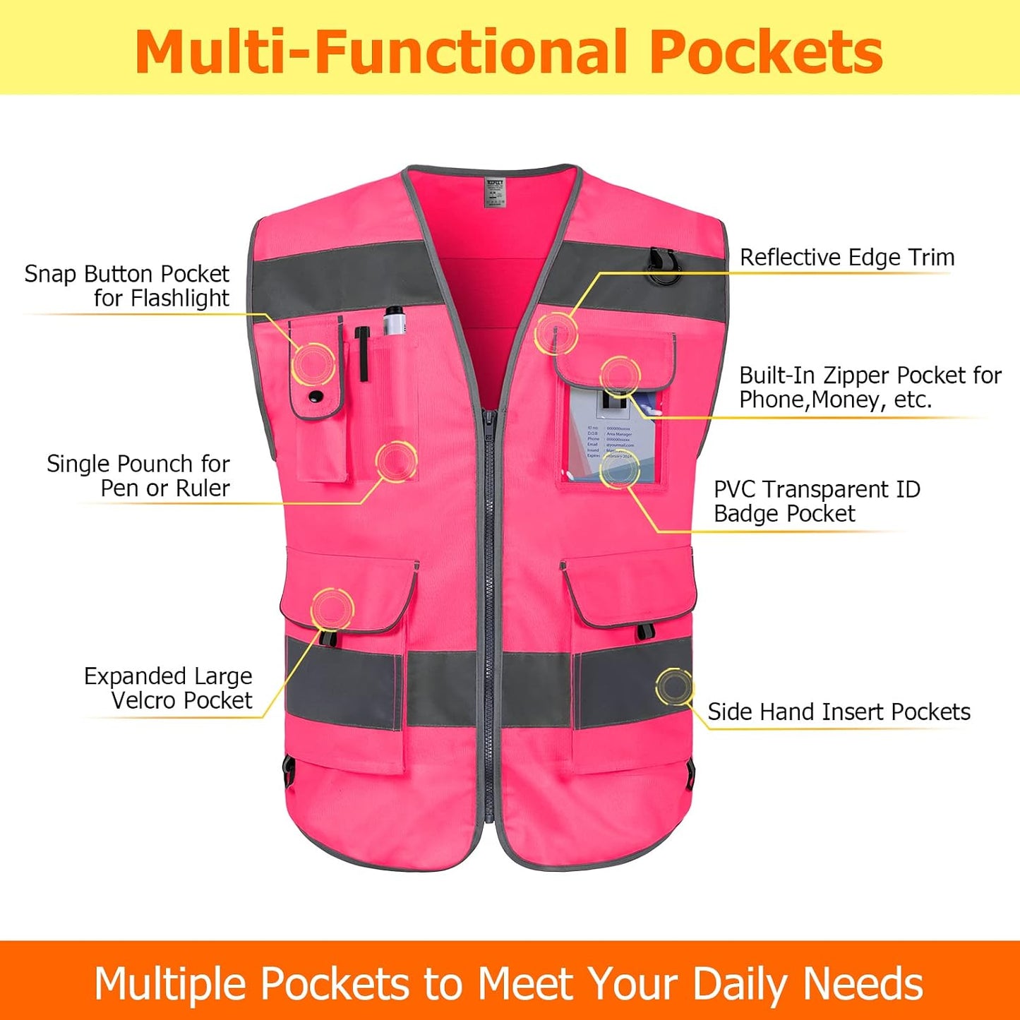 TCCFCCT Safety Vest for Men Women 9 Pockets High Visibility Vest for Safety, Reflective Work Vest with Reflective Strips, Meets ANSI/ISEA Standards, (Yellow, Large)
