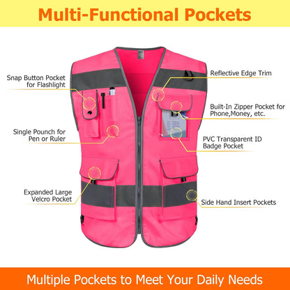 TCCFCCT Safety Vest for Men Women 9 Pockets High Visibility Vest for Safety, Reflective Work Vest with Reflective Strips, Meets ANSI/ISEA Standards, (Yellow, Large)