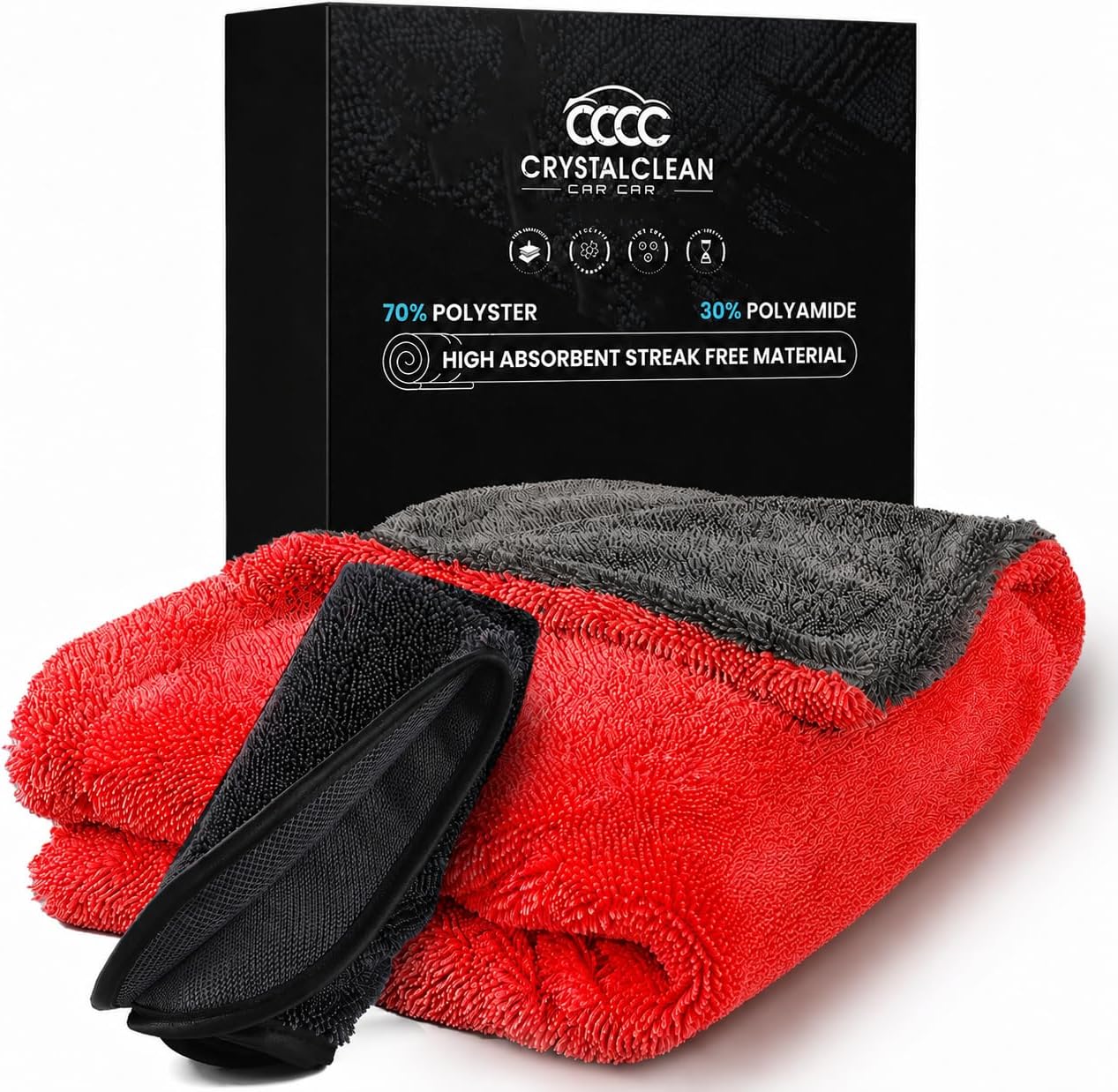 Crystal Clean 1300GSM Car Drying Towel - XL (24x36) Microfiber Towels for Cars with Double Twisted Loop, Professional Detailing Towel for Car Detailers - Quick Dry, Paint Safe & Swirl-Free