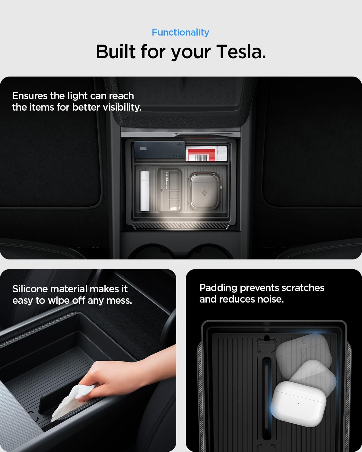 Spigen Center Console Organizer for Tesla Model Y Juniper (Only Premium & Performance 2026) and Model 3 Highland (Standard, Premium & Performance 2024/25/26) with Smooth Slide Technology - [Sliding]