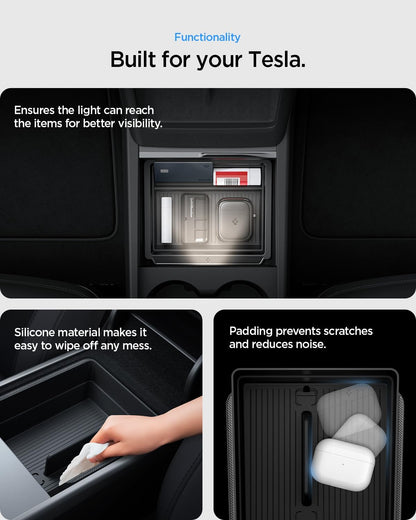Spigen Center Console Organizer for Tesla Model Y Juniper (Only Premium & Performance 2026) and Model 3 Highland (Standard, Premium & Performance 2024/25/26) with Smooth Slide Technology - [Sliding]
