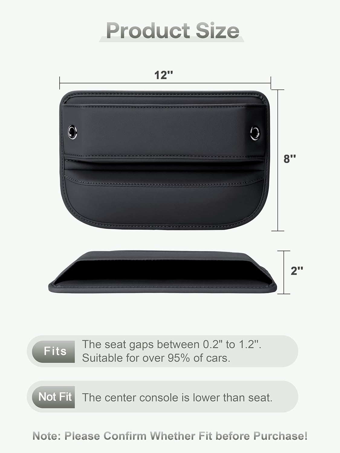 Premium Leather Car Seat Gap Filler Organizer (0.2”-1.2" Gaps), Clever Gifts for Car SUV Truck Owners (Black, 2 Pack)