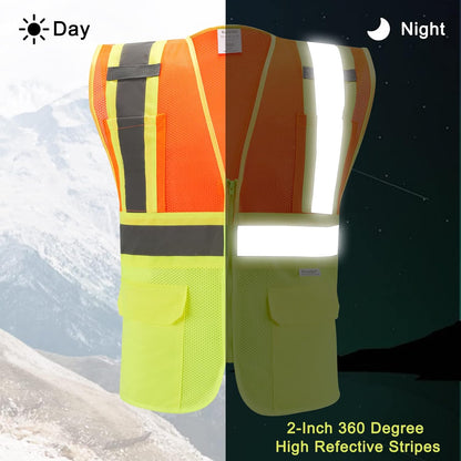 High Visibility Reflective Safety Vest with Zipper and Pockets Orange,M