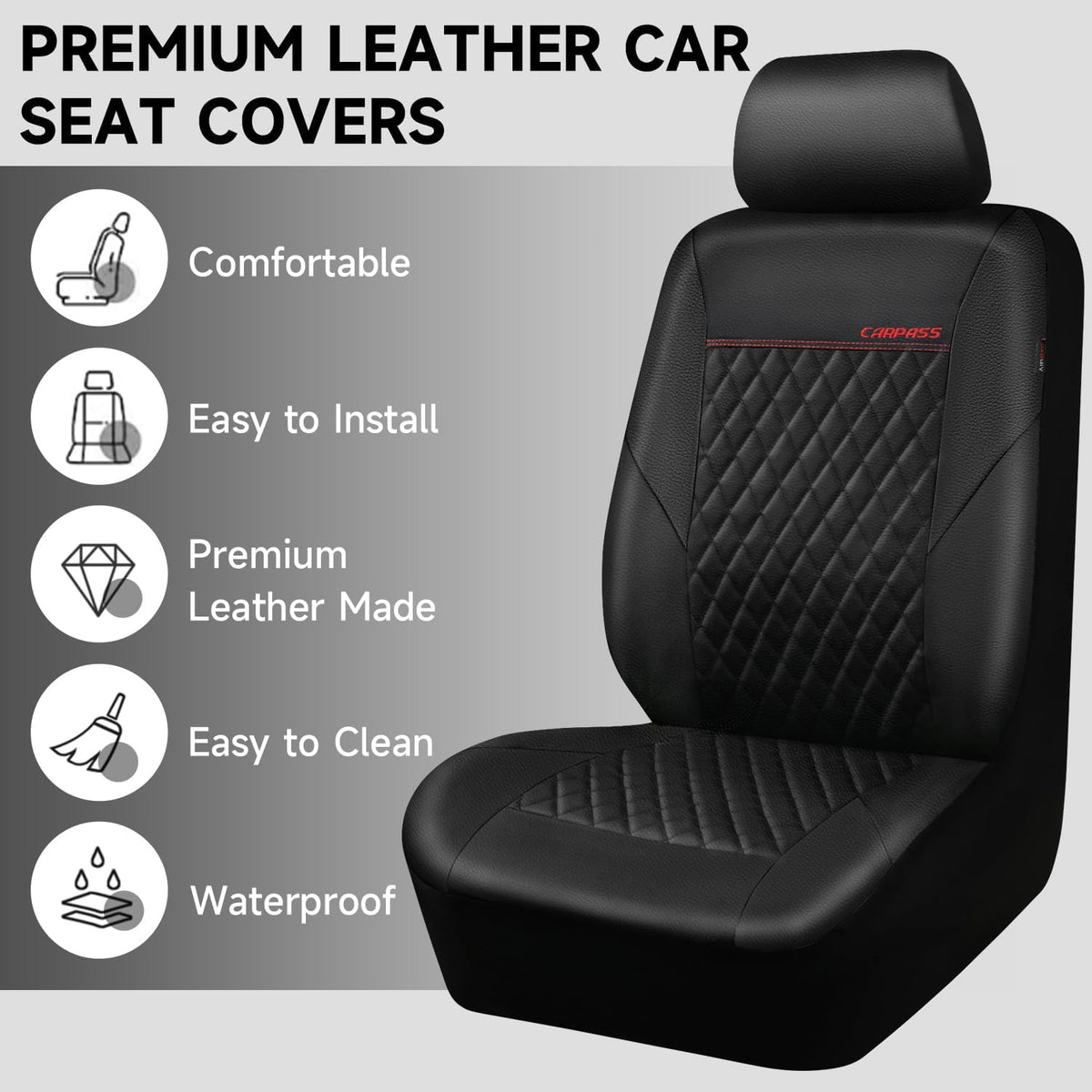 CAR PASS Quilting Leather Seat Cover Two Front Seats Only, Universal Fit Automotive Front Seat Covers Waterproof Deluxe PU Premium Vinyl Luxury for Cars Sedan Van SUV Airbag Compatible 2 Pieces,Black
