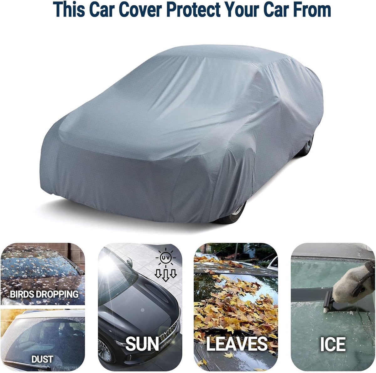 Season Guard Car Cover for Sedans up to 205", Breathable Full Exterior Vehicle Cover, Lightweight Dustproof Indoor & Light Outdoor Car Cover, Gray