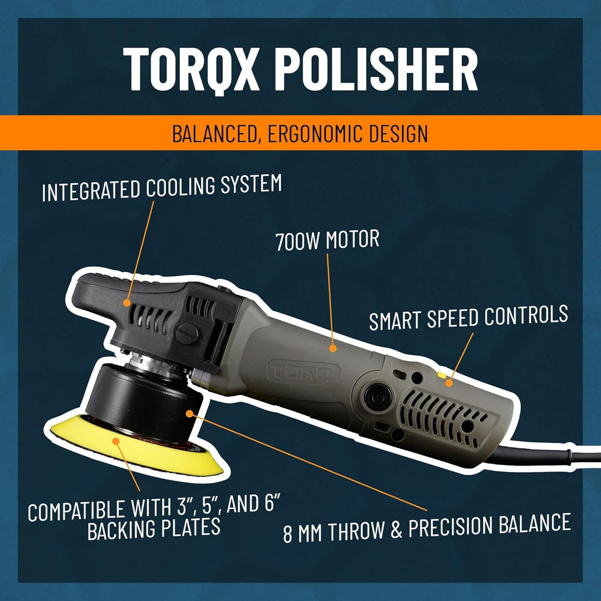 Chemical Guys TORQX Random Orbital Polisher, Pads, Polishes, and Compounds Kit - Car Polishing Kit Safe for Trucks, SUVs, Motorcycles, and More, 700W Motor, 8mm Orbit, 9-Piece Set