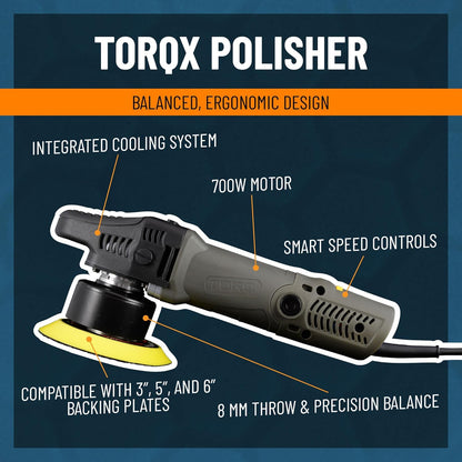 Chemical Guys TORQX Random Orbital Polisher, Pads, Polishes, and Compounds Kit - Car Polishing Kit Safe for Trucks, SUVs, Motorcycles, and More, 700W Motor, 8mm Orbit, 9-Piece Set