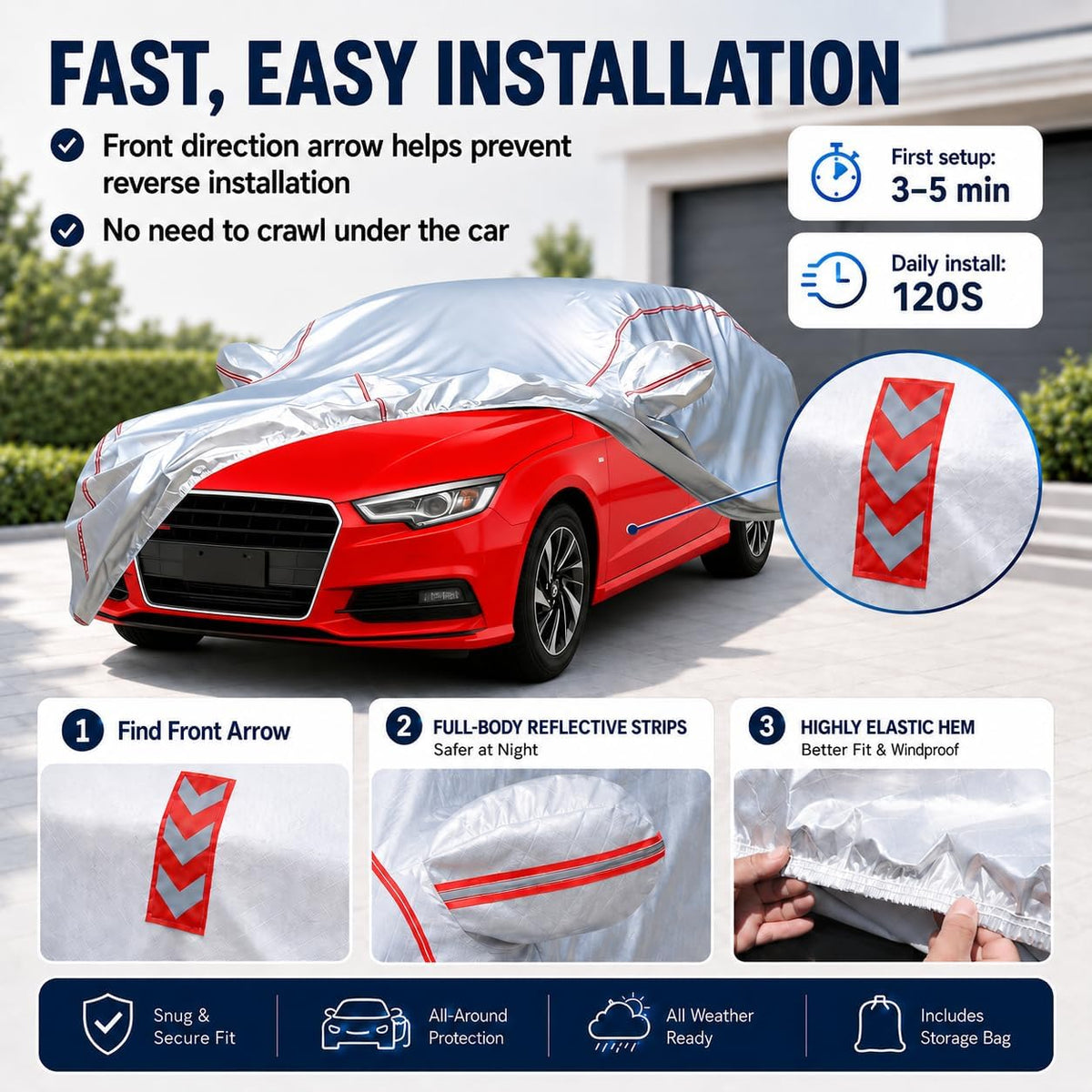 Car Cover for Sedan, Waterproof All Weather Heavy Duty, 360° Underbody Wrap Windproof Design, Quick Install Outdoor Vehicle Cover, Fits 186-193 in