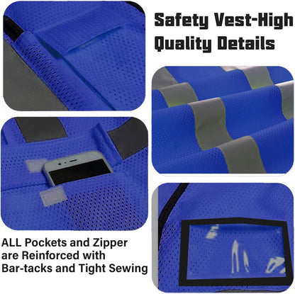 Reflective Mesh Safety Vest, Breathable Hi Vis Vest Construction Work with 5 Pockets and Zipper for Men Women