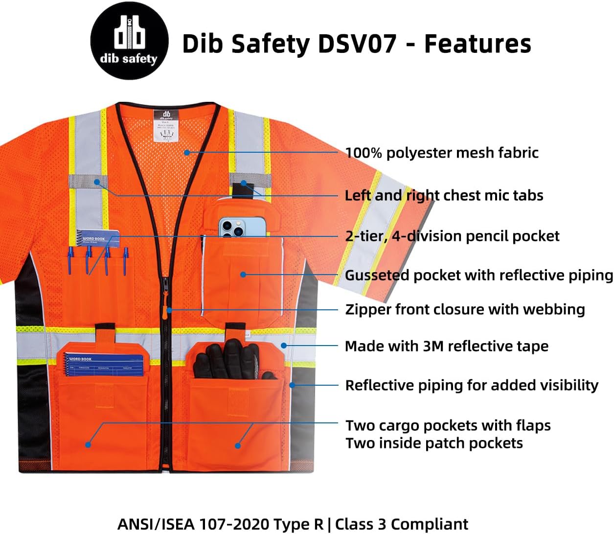 Dib Safety Reflective Mesh Vest ANSI Class 3, High Visibility with Pockets and Zipper, Made with 3M Reflective Tape, Yellow XL