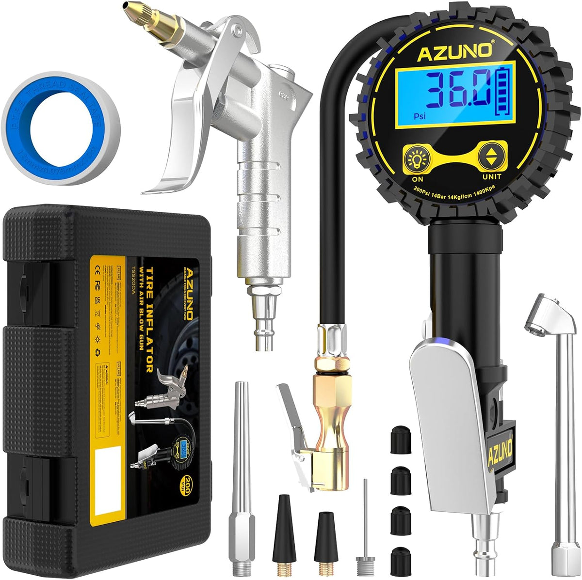 AZUNO Digital Tire Inflator with Pressure Gauge, 200 PSI, Heavy Duty Air Compressor Accessories, with Rubber Hose Lock on Air Chuck and Quick Connect Coupler, Comes with a Portable Carrying Box