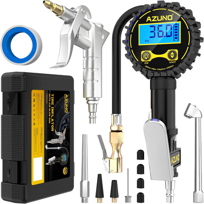 AZUNO Digital Tire Inflator with Pressure Gauge, 200 PSI, Heavy Duty Air Compressor Accessories, with Rubber Hose Lock on Air Chuck and Quick Connect Coupler, Comes with a Portable Carrying Box