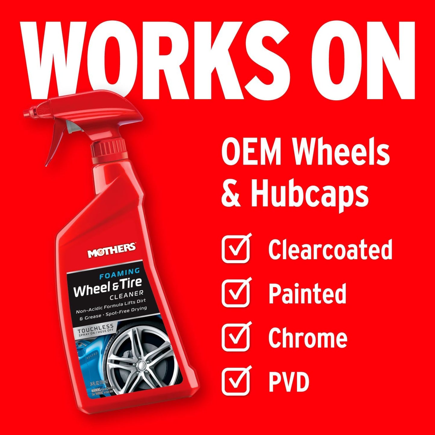 Mothers Foaming Wheel & Tire Cleaner, 24 oz. – Foaming Action Lifts Brake Dust & Grime, Safe for Factory-Coated Wheels, Restores, Cleans, Finishes Fast, Spot-Free Rinse (05924)