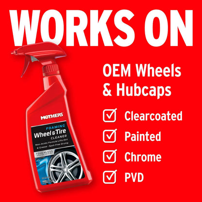 Mothers Foaming Wheel & Tire Cleaner, 24 oz. – Foaming Action Lifts Brake Dust & Grime, Safe for Factory-Coated Wheels, Restores, Cleans, Finishes Fast, Spot-Free Rinse (05924)