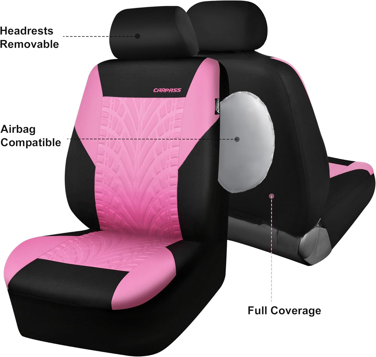 CAR PASS Car Seat Covers Full Sets, Front & Split Rear Bench for Car, 3D Tyre Embossed Automotive Interior Covers, Airbag Compatible, Quick Setup Universal Fit Seat Covers for Car, SUV(Charcoal)