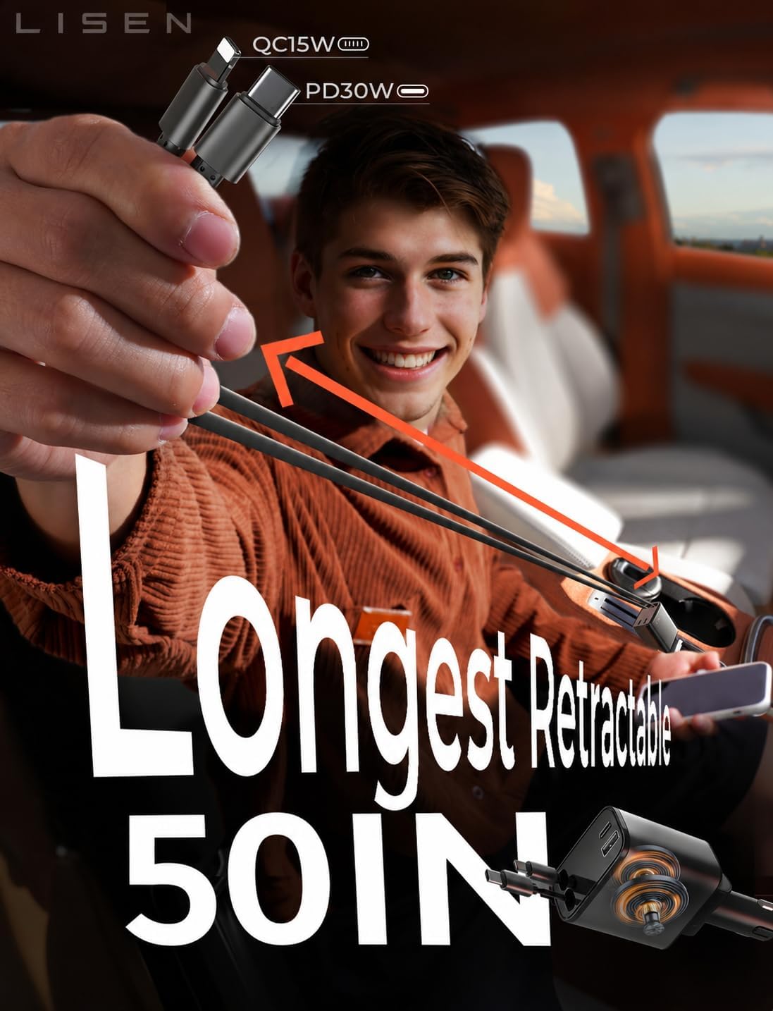 LISEN Retractable Car Charger, 84W Car Charger USB C Fast Charger, Cigarette Lighter USB Charger Adapter, Car Accessories Birthday Gifts for Men Women Dad Mom Husband, for iPhone 17 16 15 14 13 12 11