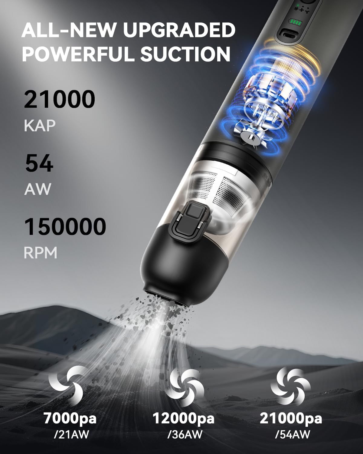 Car Vacuum, Handheld Vacuum Cordless with 21000Pa Powerful Suction & 3 Modes, 4-in-1 Portable Hand Held Mini Vacuum Cleaner Rechargeable, Ultra Light for Car Home Office (Black)