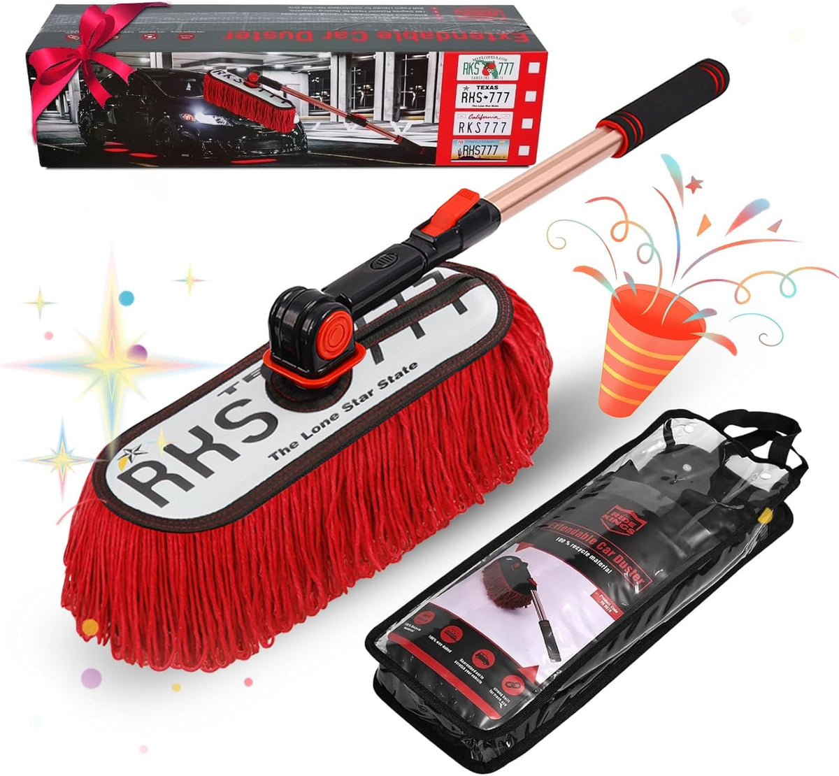 Car Duster Exterior Scratch Free Extendable Handle,Wax Cotton Hair Auto Brush Kit for Truck,SUV,RV and Motorcycle,Duster for Cleaning，No Lint（The Long Star State Designer License Plate）