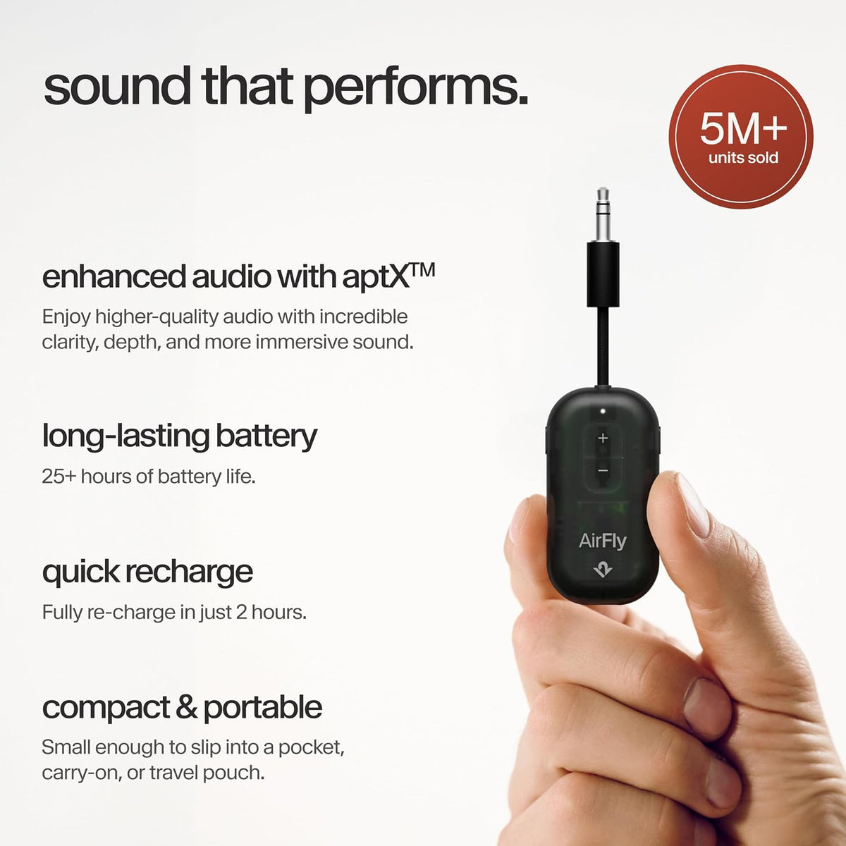AirFly Pro 2 Deluxe – Bluetooth Adapter for Airplane, Pair 2 AirPods or Wireless Headphones – 3.5mm AUX Bluetooth Transmitter/Receiver for Cars, Boats, Treadmills, TVs – Airplane Travel Essentials